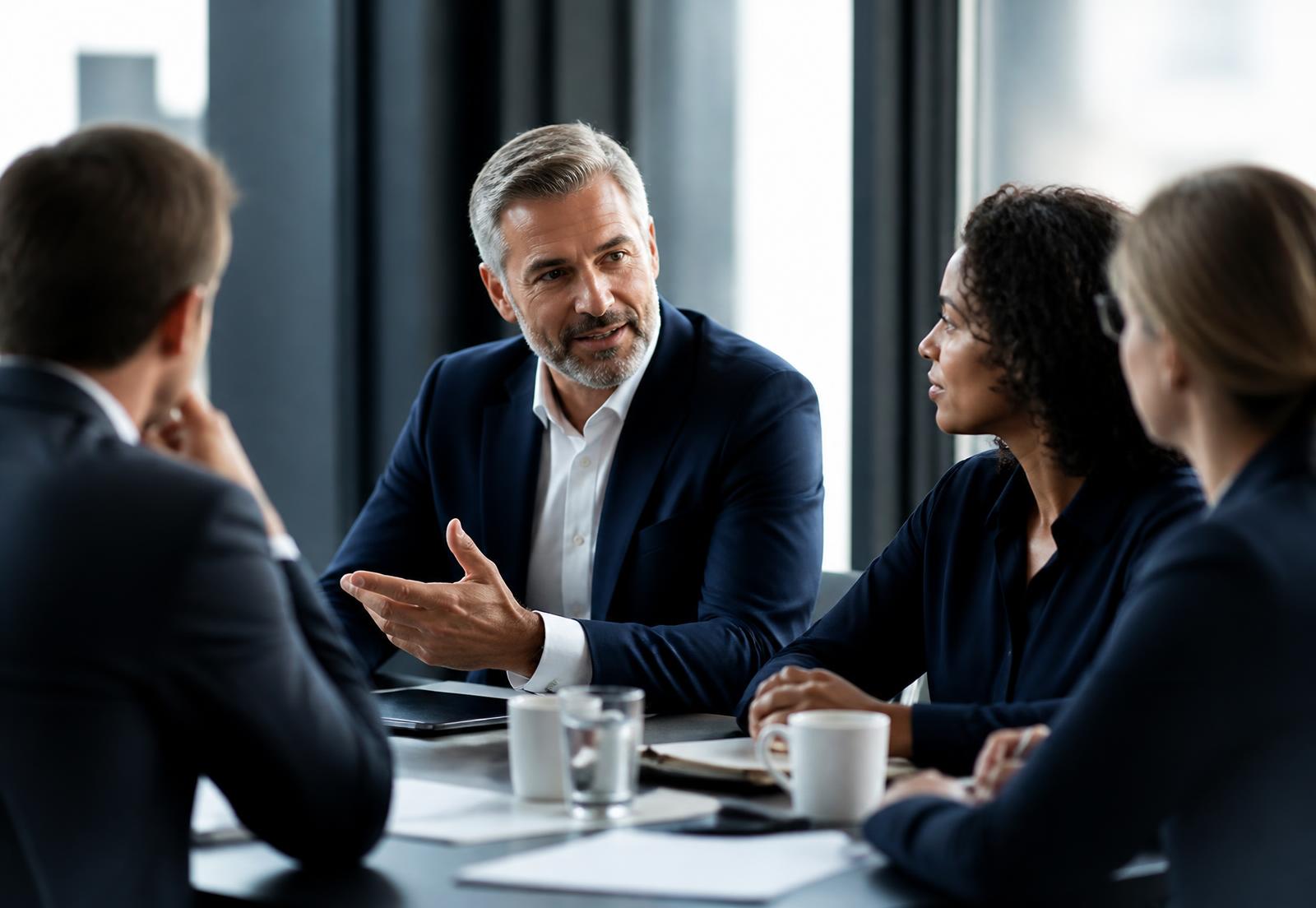 Leadership team in discussion around a boardroom table
